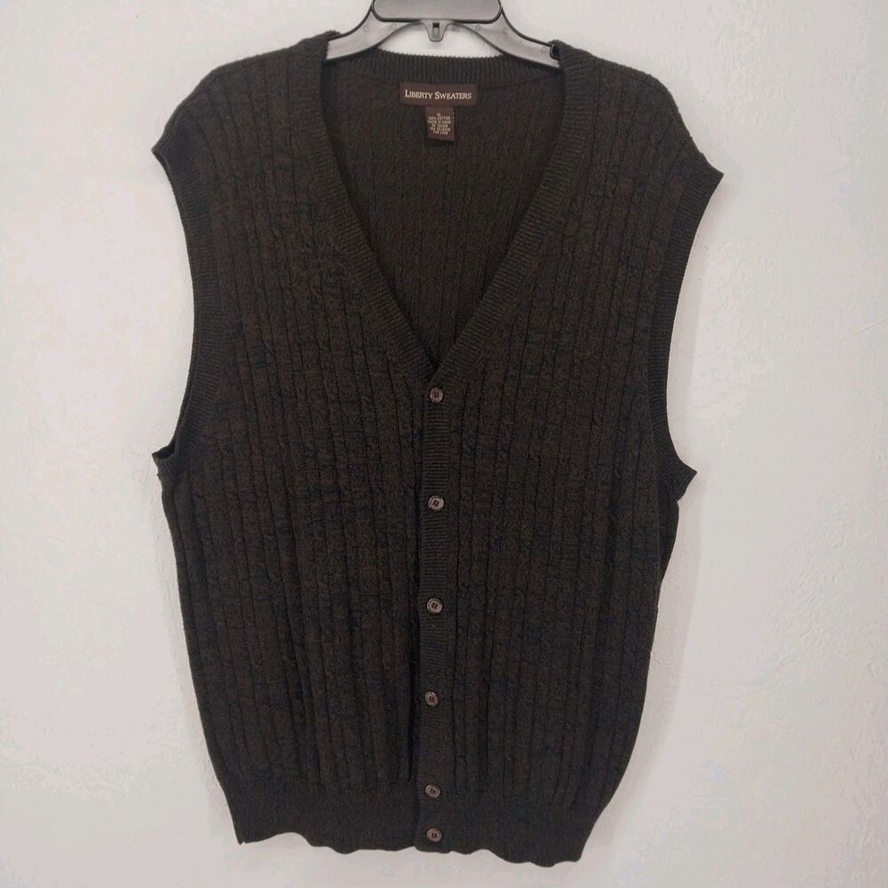 Liberty Sweaters 100% Cotton Green‎ Brown Button Knit Sweater Vest Size XL